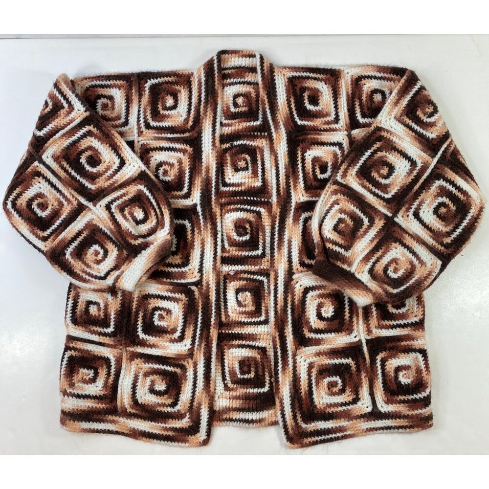 Handmade Womens Granny Square Crochet Cardigan Sweater Brown Cream Size Large
